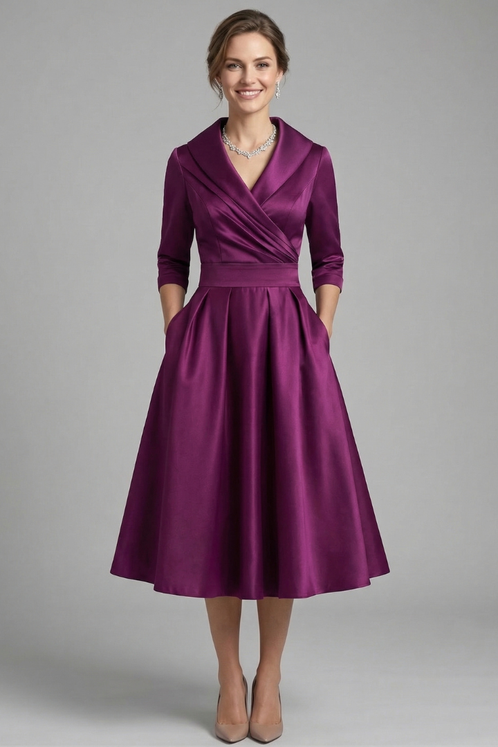 Elena | Wrap Neck Midi Dress with Pleated Skirt