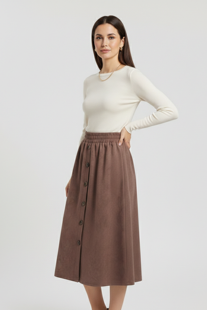 Lila | Button-Front Midi Skirt with Elastic Waist
