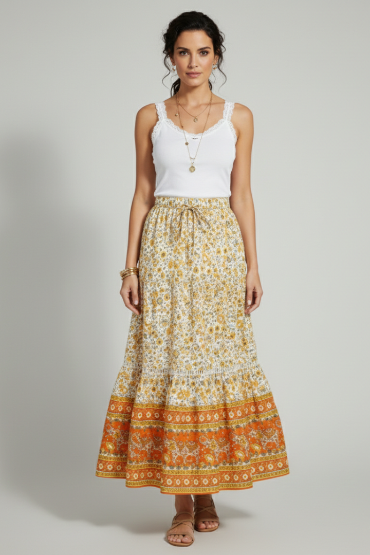 Lila | Printed Border Midi Skirt with Elastic Waist