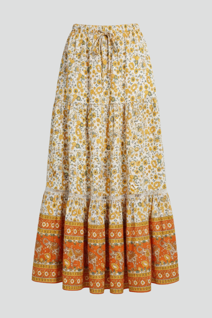 Lila | Printed Border Midi Skirt with Elastic Waist