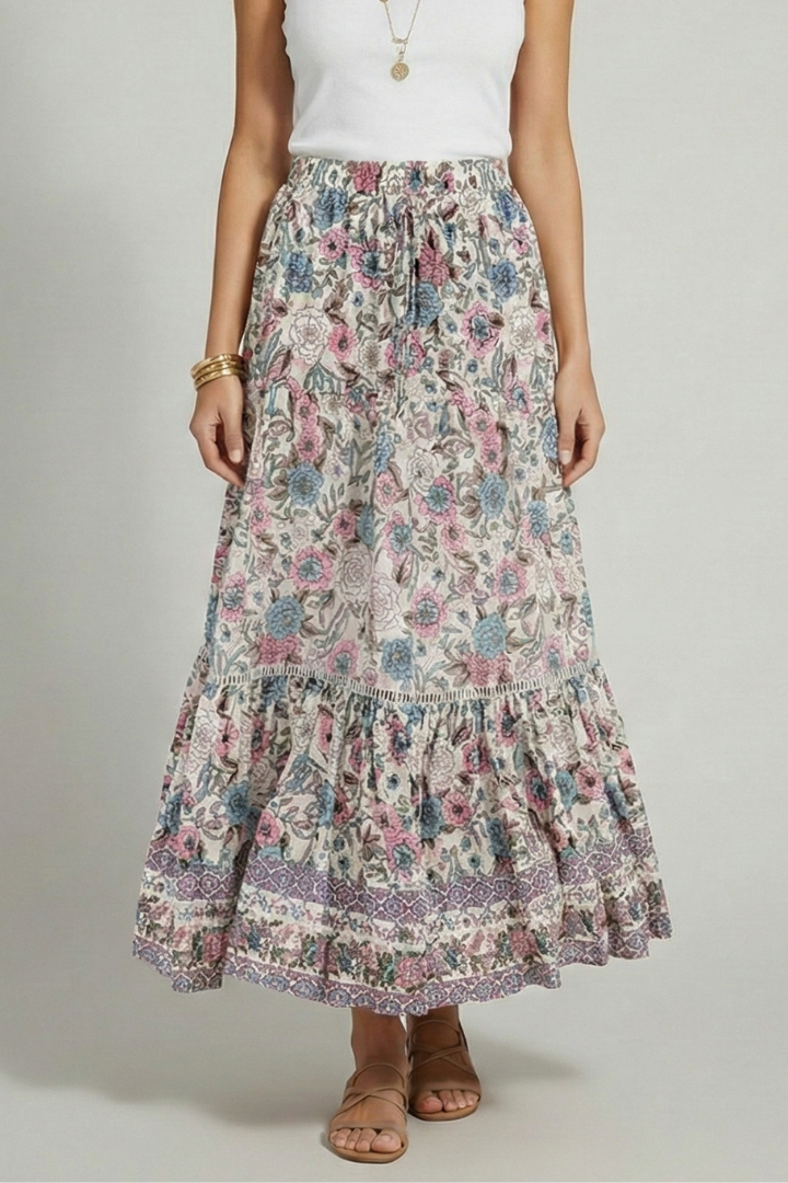 Lila | Printed Border Midi Skirt with Elastic Waist