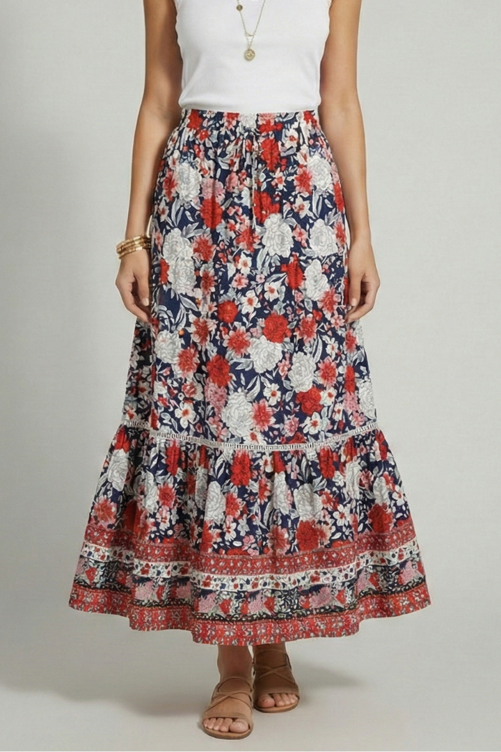 Lila | Printed Border Midi Skirt with Elastic Waist