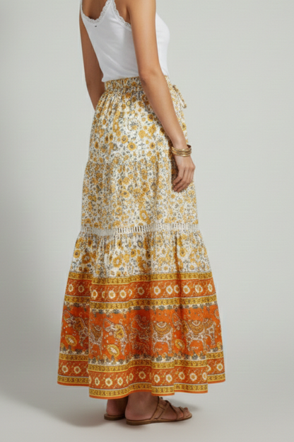 Lila | Printed Border Midi Skirt with Elastic Waist