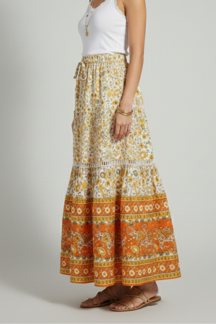 Lila | Printed Border Midi Skirt with Elastic Waist