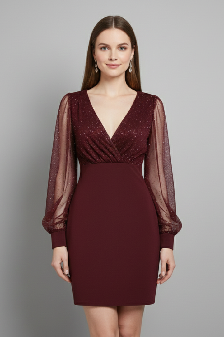 Lila | V-Neck Mini Dress with Sheer Sleeves