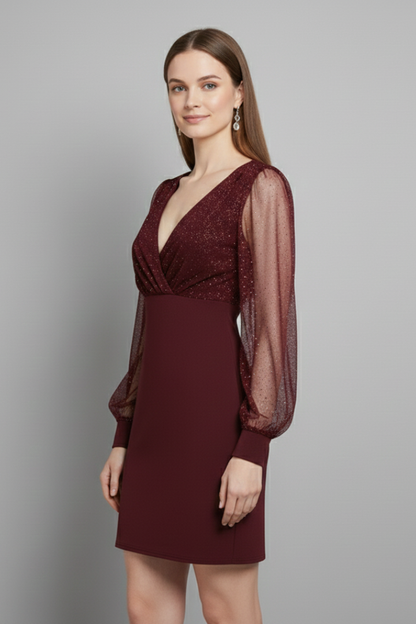 Lila | V-Neck Mini Dress with Sheer Sleeves