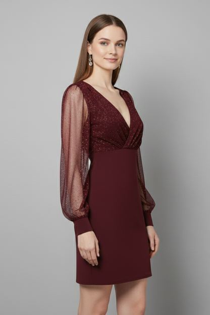 Lila | V-Neck Mini Dress with Sheer Sleeves