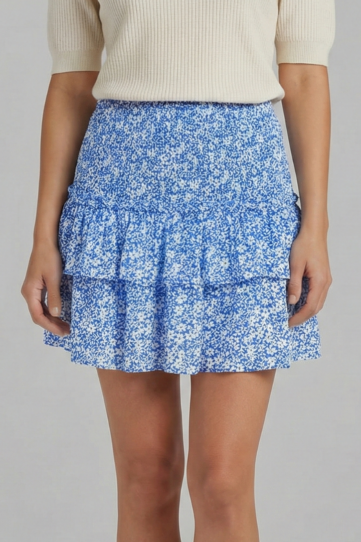 Lena | Shirred Waist Mini Skirt with Ruffle Layers