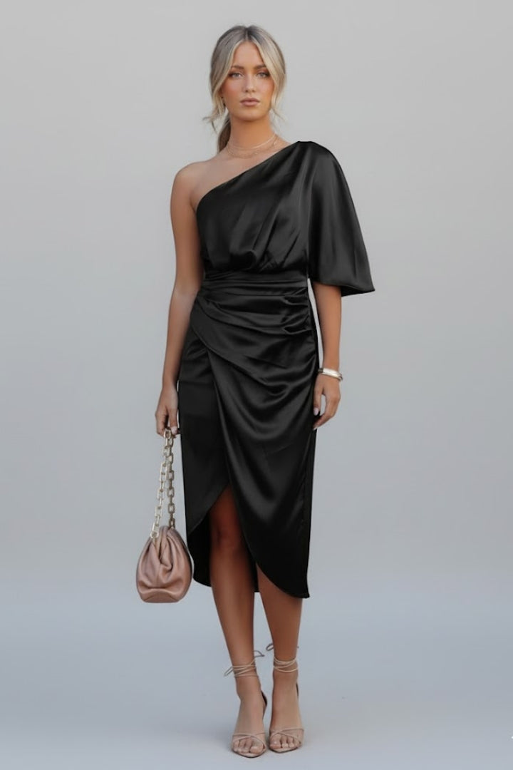 Lena | Draped One Shoulder Midi Dress