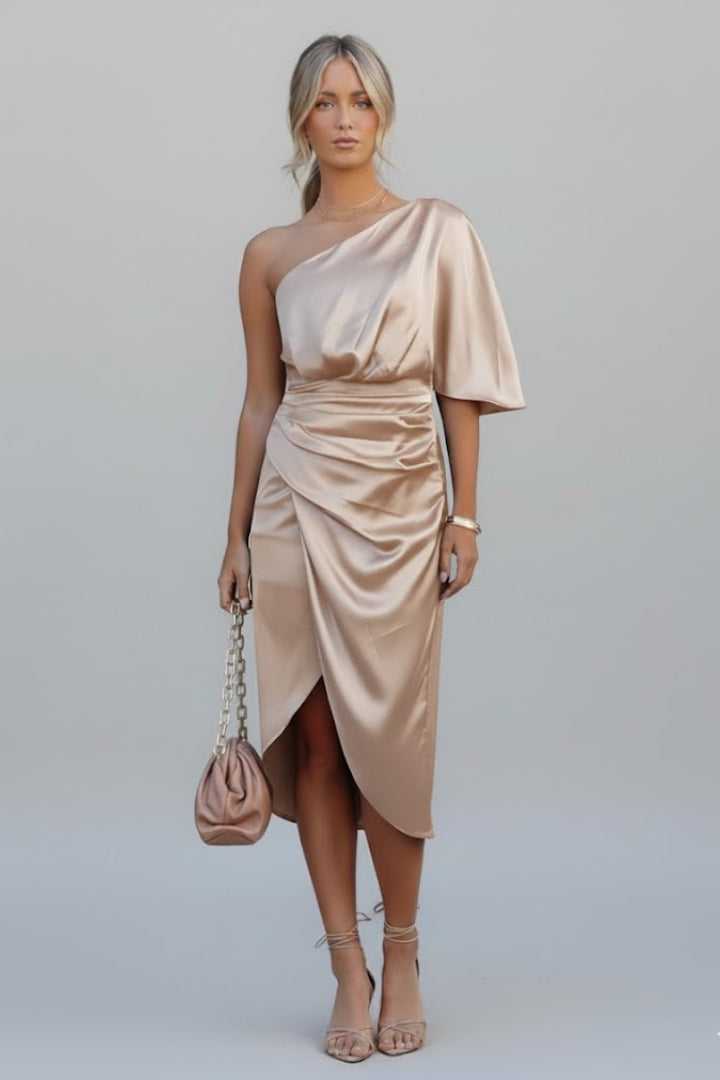 Lena | Draped One Shoulder Midi Dress