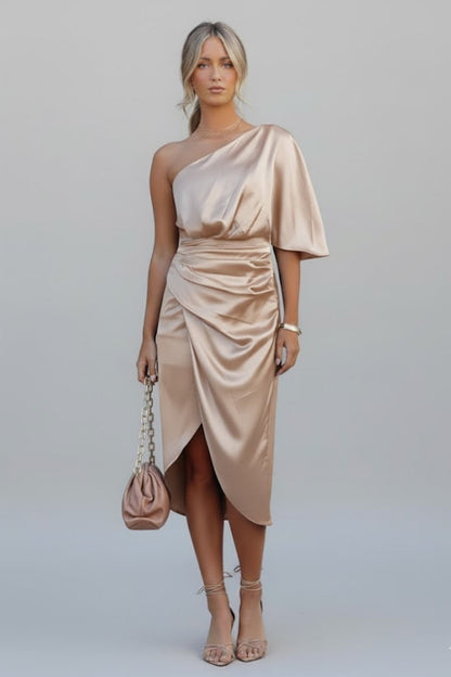 Lena | Draped One Shoulder Midi Dress