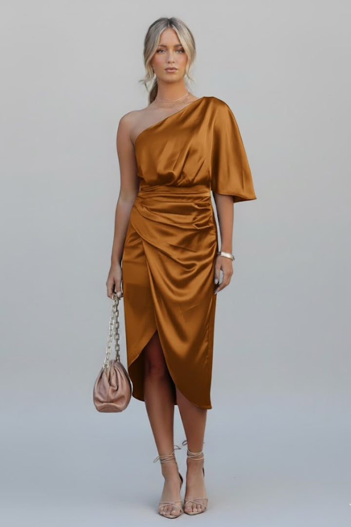 Lena | Draped One Shoulder Midi Dress
