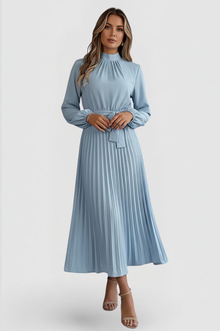 Lila | Pleated Long Sleeve Dress with Waist Tie