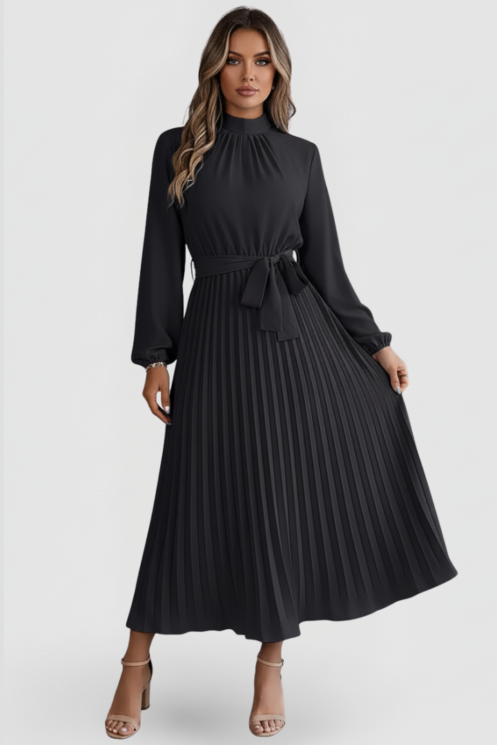 Lila | Pleated Long Sleeve Dress with Waist Tie