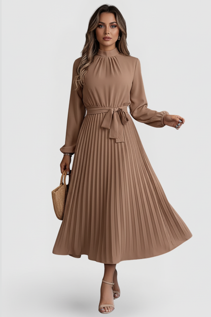 Lila | Pleated Long Sleeve Dress with Waist Tie