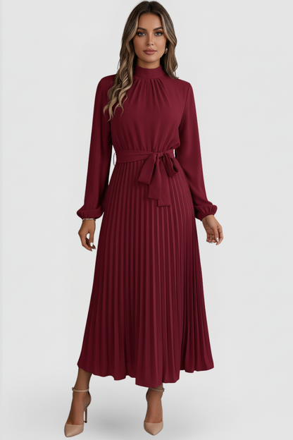 Lila | Pleated Long Sleeve Dress with Waist Tie