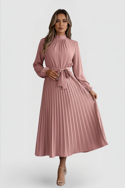 Lila | Pleated Long Sleeve Dress with Waist Tie