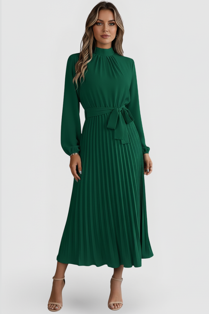 Lila | Pleated Long Sleeve Dress with Waist Tie
