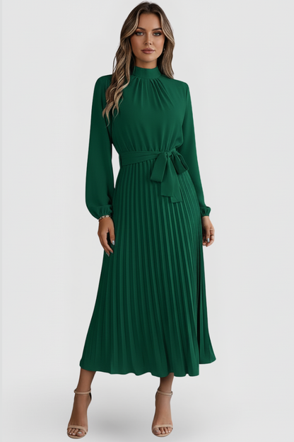 Lila | Pleated Long Sleeve Dress with Waist Tie