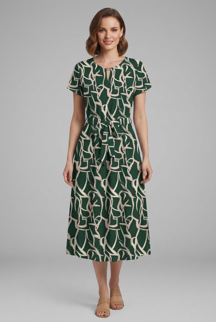 Lila | Printed Dress with Keyhole Neckline and Waist Tie