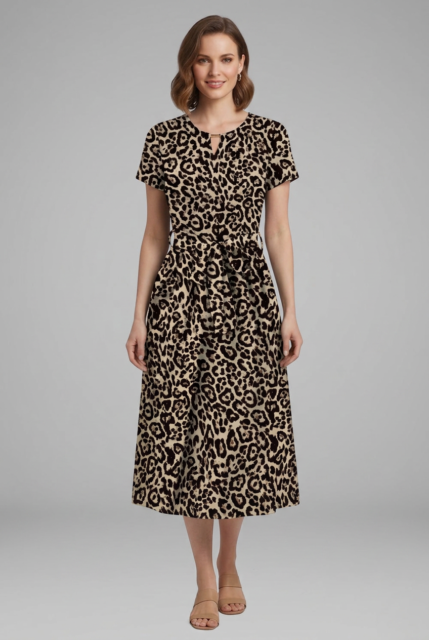 Lila | Printed Dress with Keyhole Neckline and Waist Tie