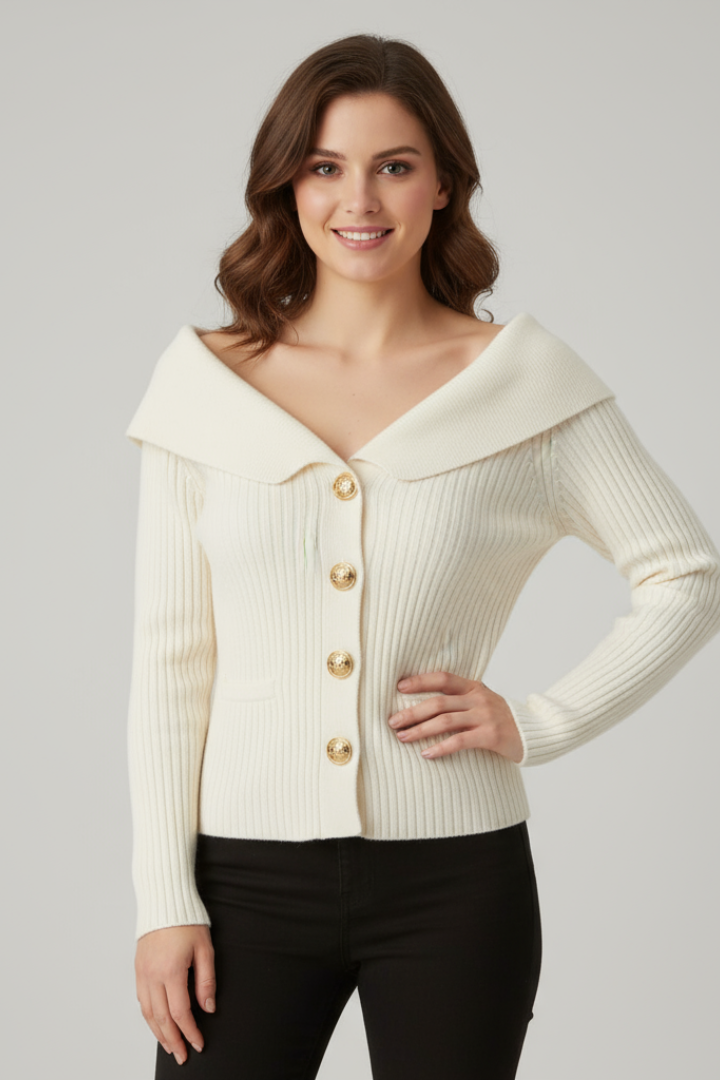 Elena | Ribbed Cardigan with Foldover Neckline