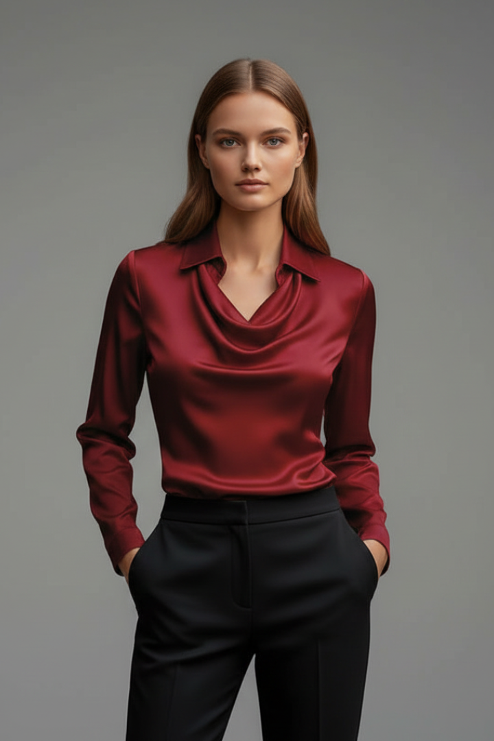 Luna | Draped Satin Blouse with Long Sleeves