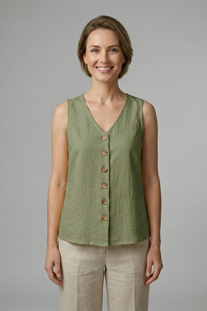 Elena | V-Neck Button-Front Sleeveless Blouse