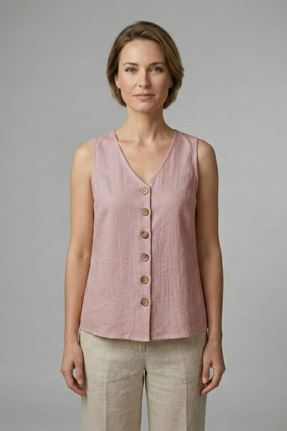 Elena | V-Neck Button-Front Sleeveless Blouse
