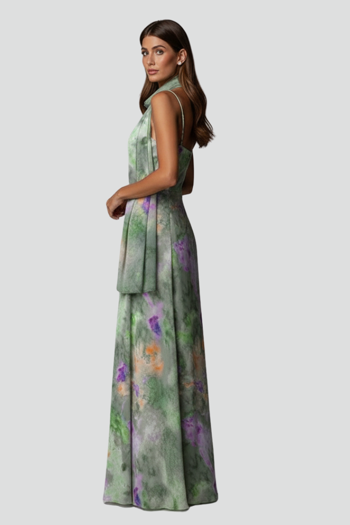 Luna | Elegant Sleeveless Maxi Dress with Printed Scarf
