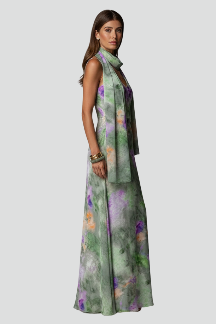 Luna | Elegant Sleeveless Maxi Dress with Printed Scarf