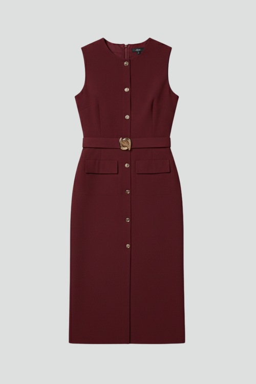 Lila | Sleeveless Midi Dress with Buttons and Belted Waist