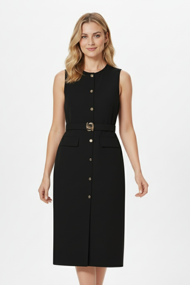Lila | Sleeveless Midi Dress with Buttons and Belted Waist