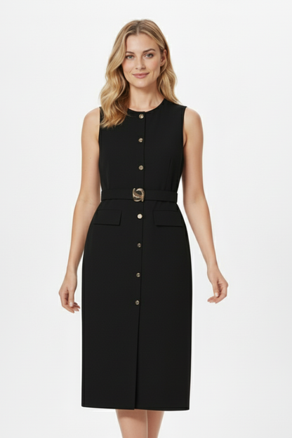 Lila | Sleeveless Midi Dress with Buttons and Belted Waist