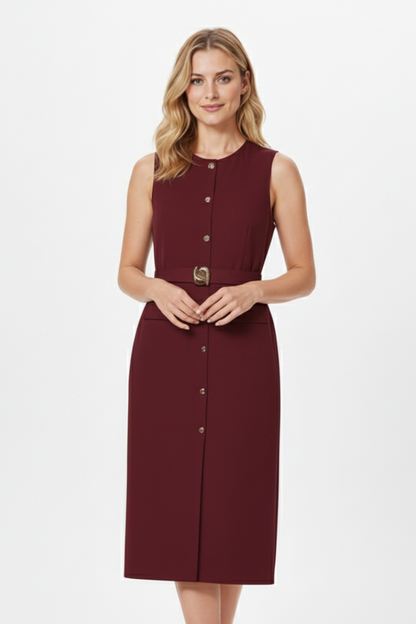 Lila | Sleeveless Midi Dress with Buttons and Belted Waist