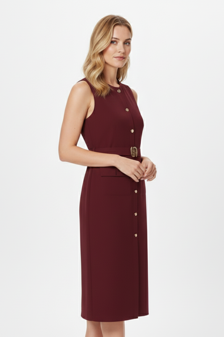 Lila | Sleeveless Midi Dress with Buttons and Belted Waist