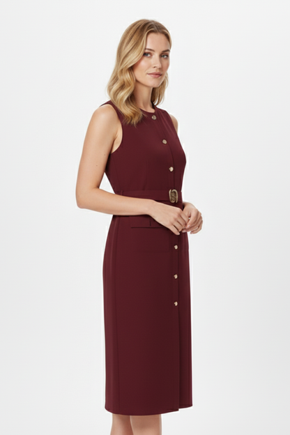 Lila | Sleeveless Midi Dress with Buttons and Belted Waist