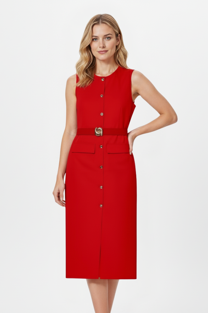 Lila | Sleeveless Midi Dress with Buttons and Belted Waist