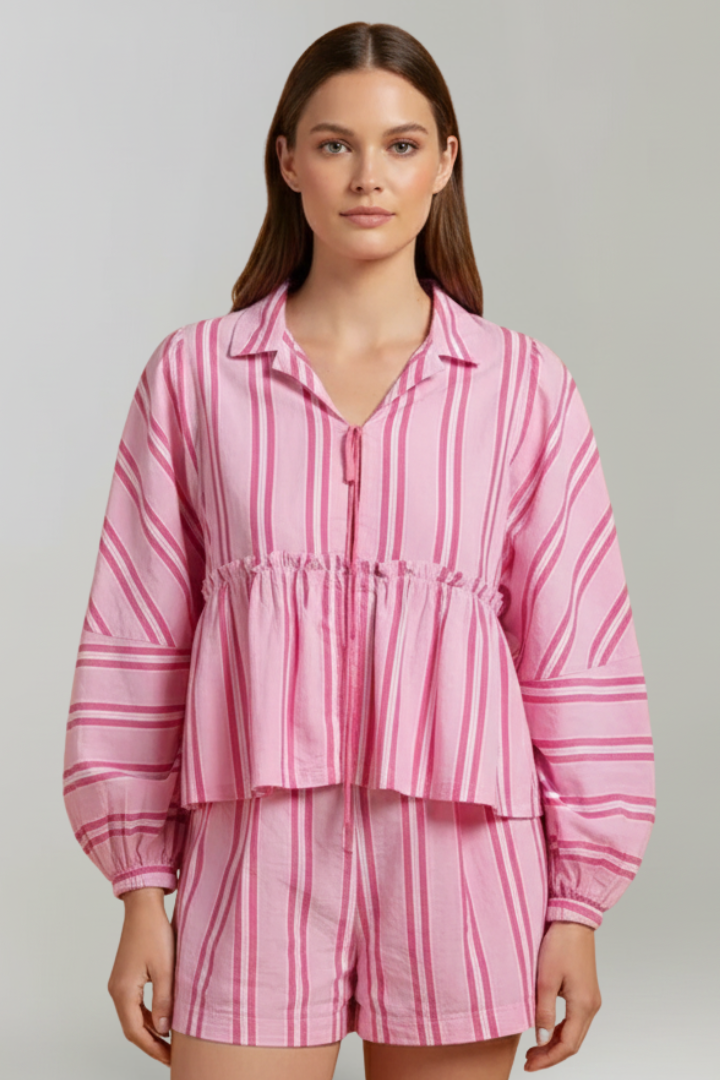 Lila | Striped Long-Sleeve Top & High-Waisted Shorts Set
