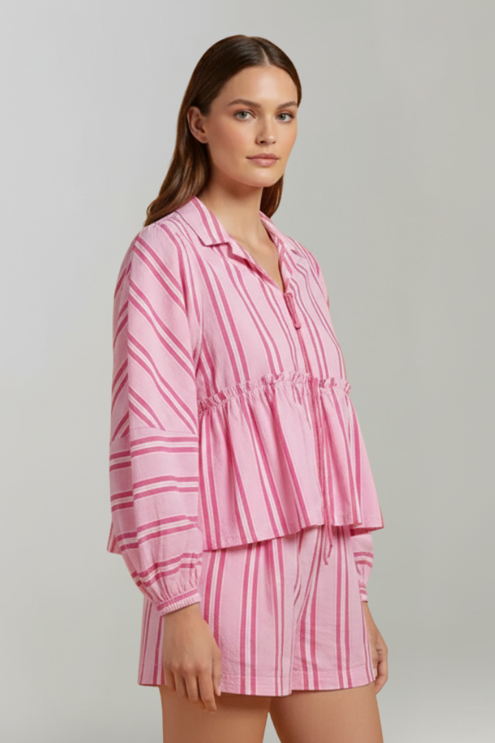 Lila | Striped Long-Sleeve Top & High-Waisted Shorts Set