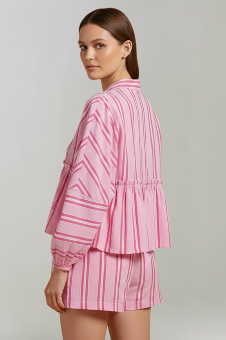 Lila | Striped Long-Sleeve Top & High-Waisted Shorts Set