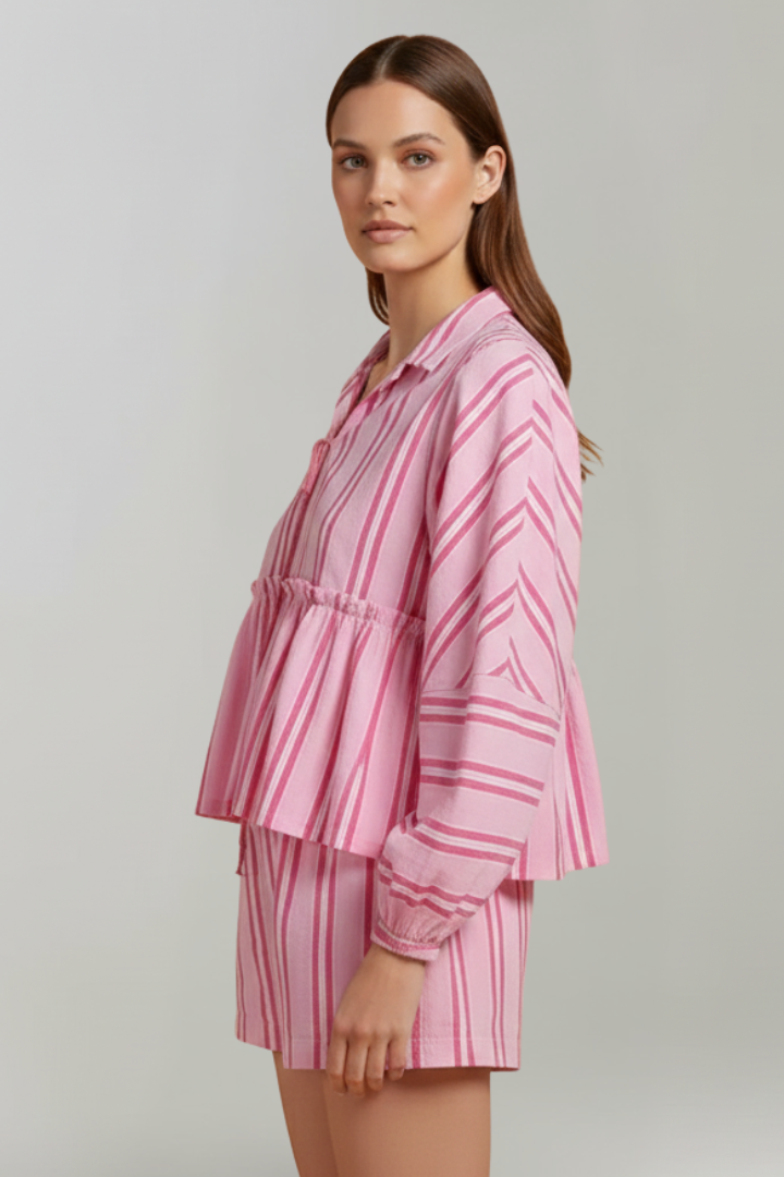 Lila | Striped Long-Sleeve Top & High-Waisted Shorts Set