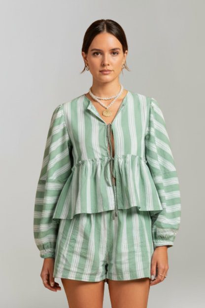 Lila | Striped Long-Sleeve Top & High-Waisted Shorts Set