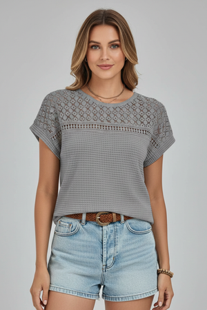 Shirt with Round Neckline and Openwork Surface Grey