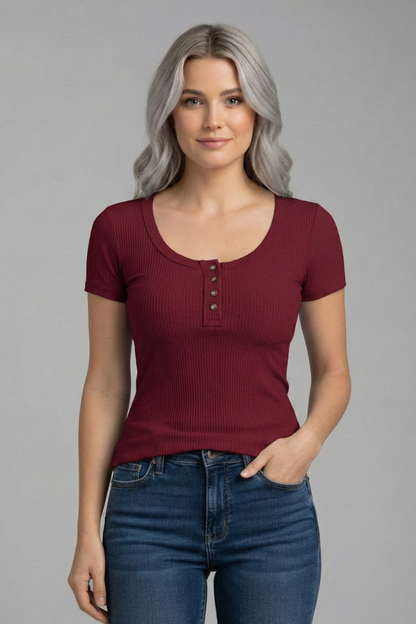 Lila | Elegant Round Neck T-shirt with Button Detail