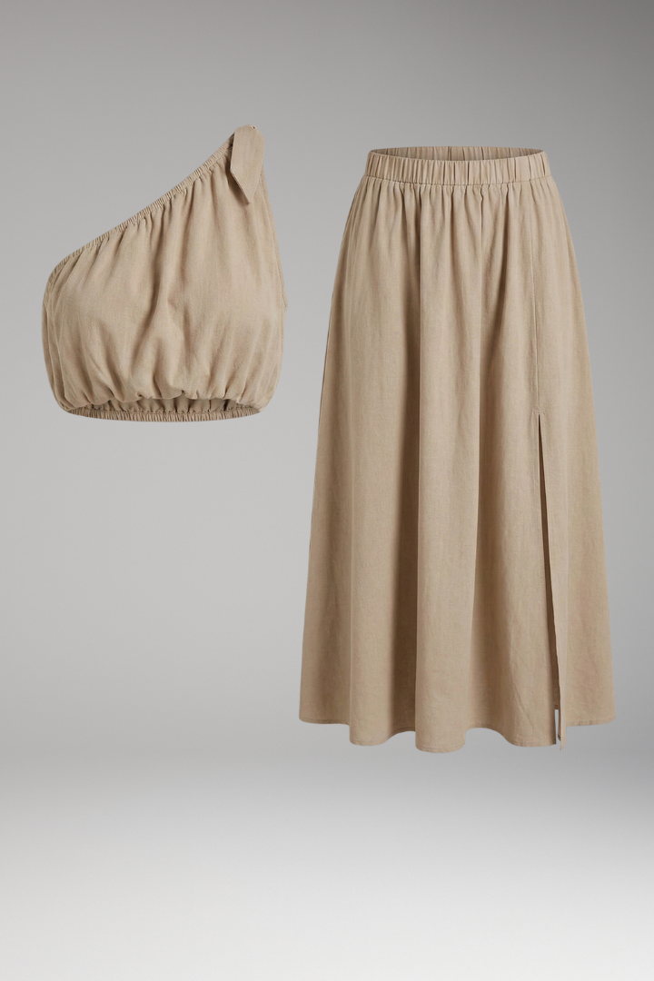 Elena | One-Shoulder Top and Elastic Waist Midi Skirt