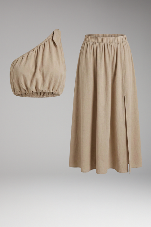 Elena | One-Shoulder Top and Elastic Waist Midi Skirt