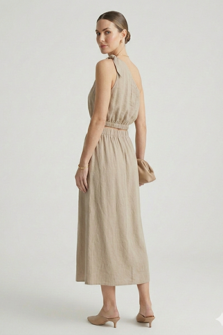 Elena | One-Shoulder Top and Elastic Waist Midi Skirt