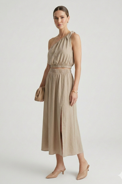 Elena | One-Shoulder Top and Elastic Waist Midi Skirt