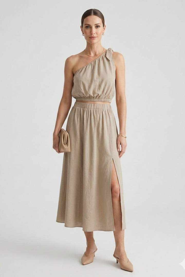 Elena | One-Shoulder Top and Elastic Waist Midi Skirt